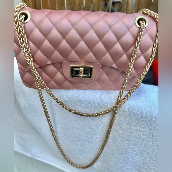 Handbags - Small Hard Rubber Material Pink Salmon Color Purse /Hand and shoulder styles.